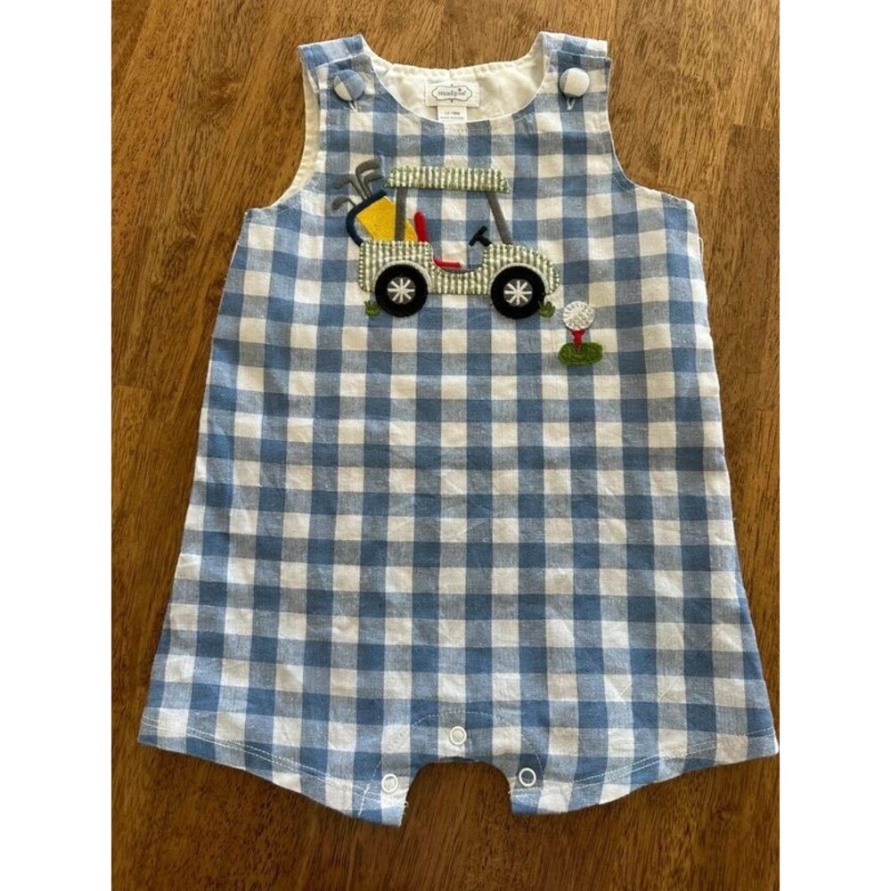 Mud Pie Baby Boy 12-18M Golf Cart Gingham Jon Jon Romper Blue Applique